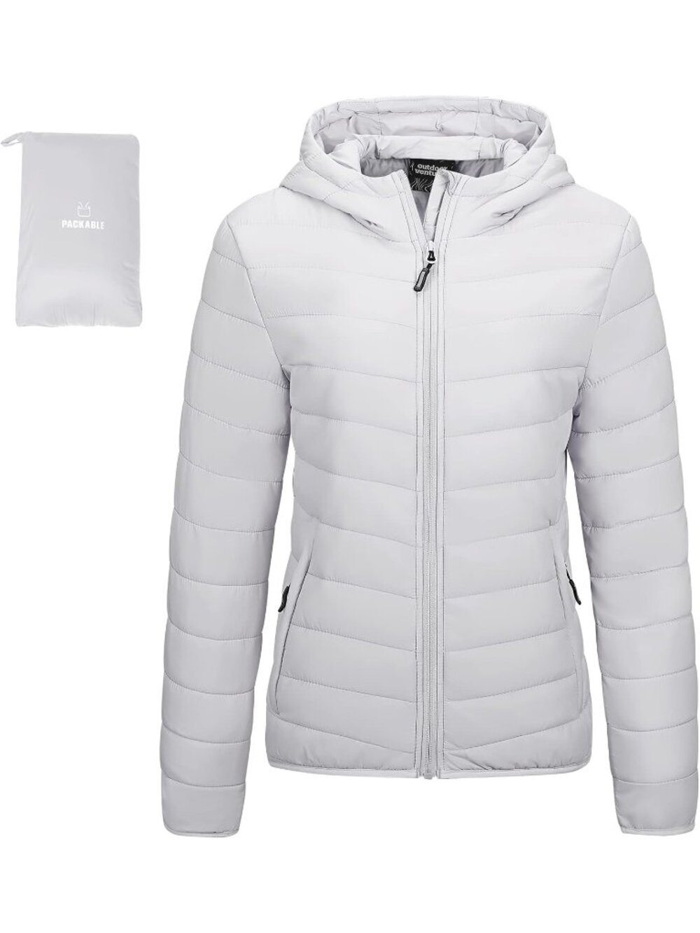 Women's Light Grey Solid Packable Hooded Full-Zip Winter Quilted Puffer Jacket